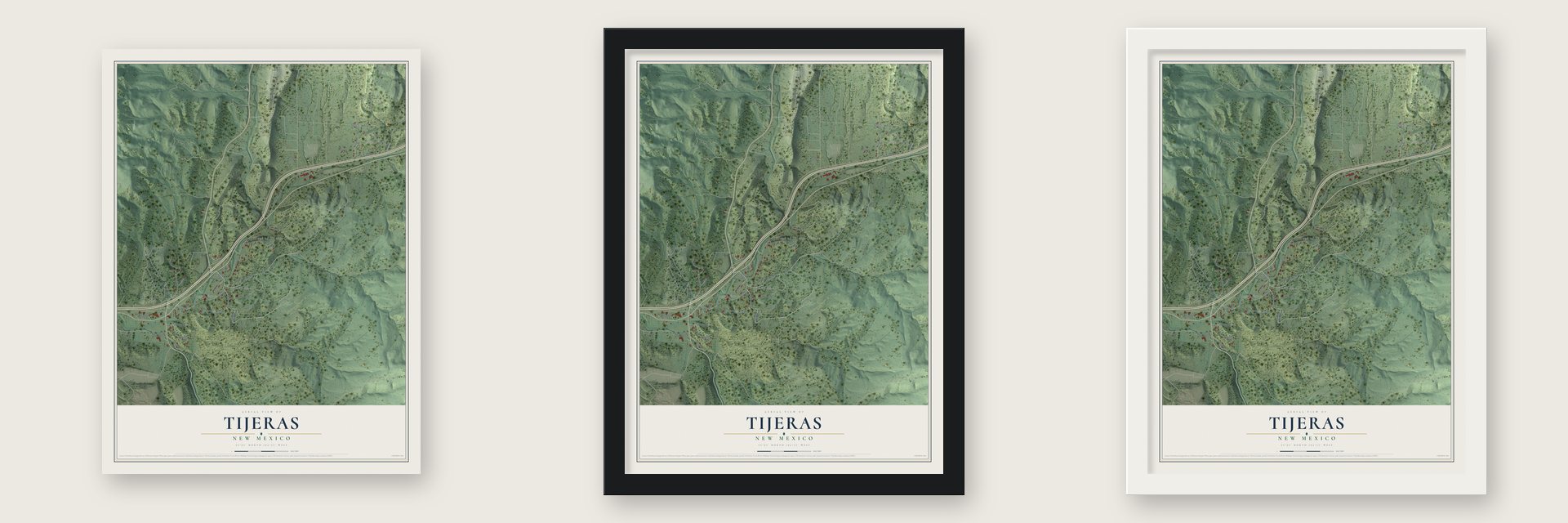 Tijeras, New Mexico map unframed, in a black wood frame and in a white wood frame