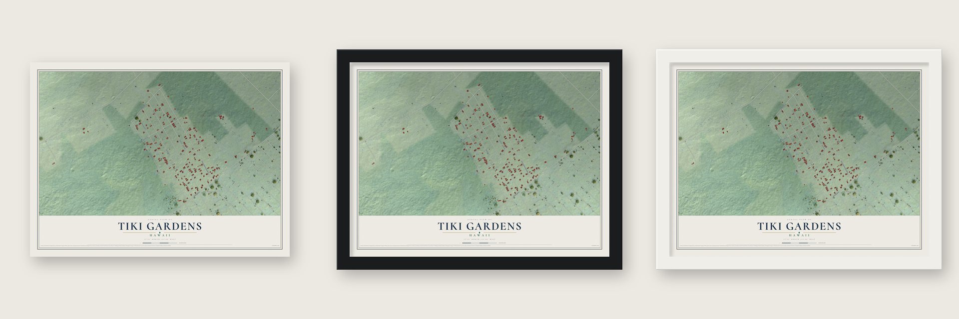 Tiki Gardens, Hawaii map unframed, in a black wood frame and in a white wood frame