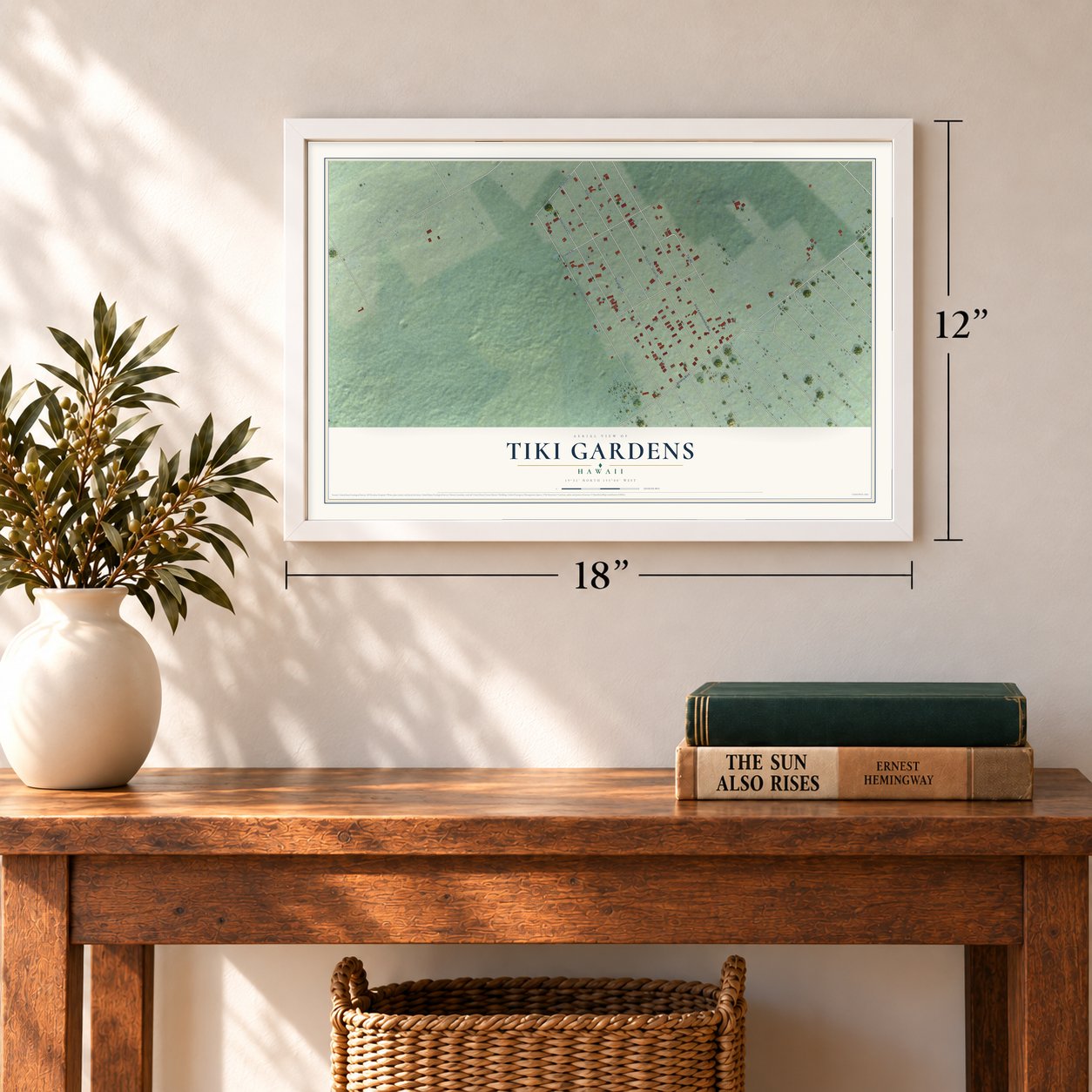 Tiki Gardens, Hawaii map, 12 x 18 inch print in a white frame in an entryway