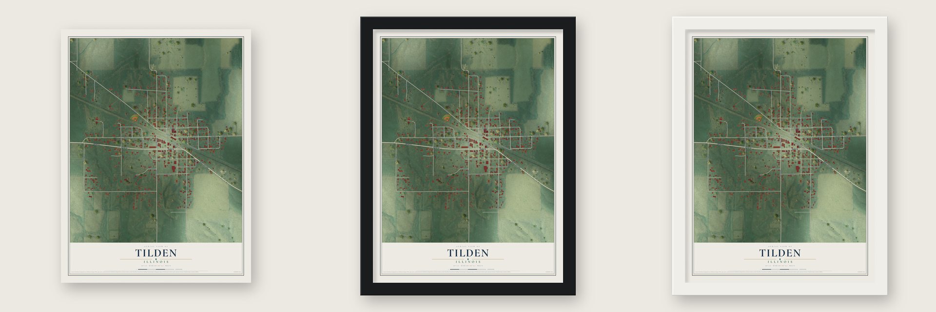 Tilden, Illinois map unframed, in a black wood frame and in a white wood frame