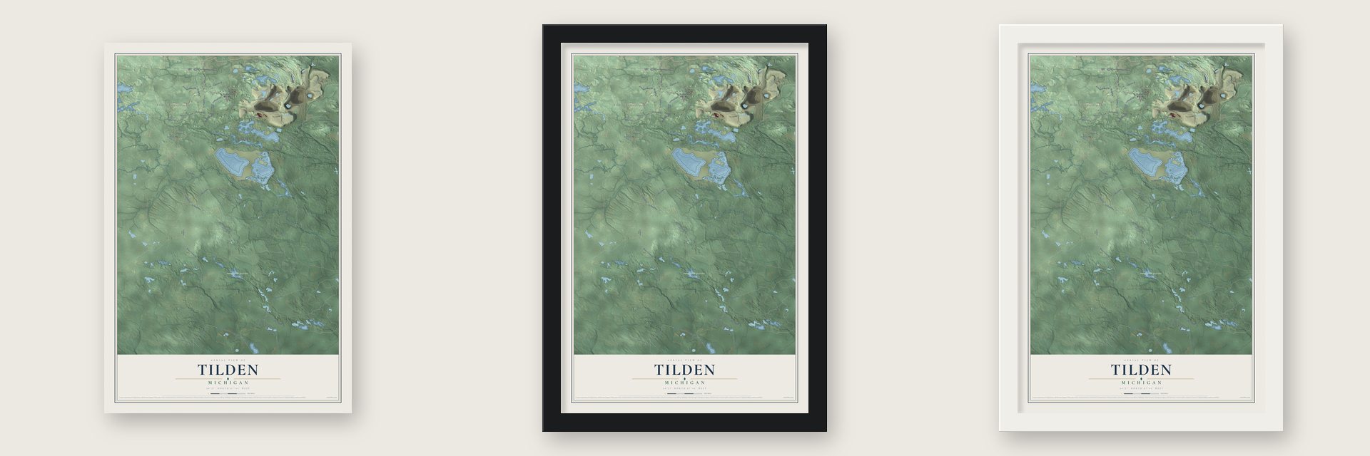 Tilden, Michigan map unframed, in a black wood frame and in a white wood frame