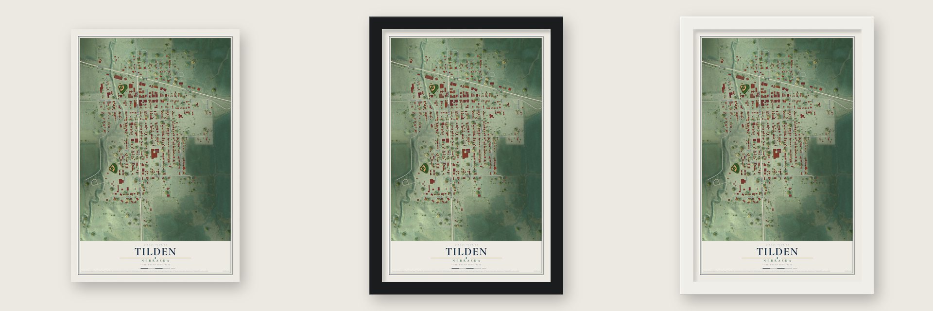 Tilden, Nebraska map unframed, in a black wood frame and in a white wood frame