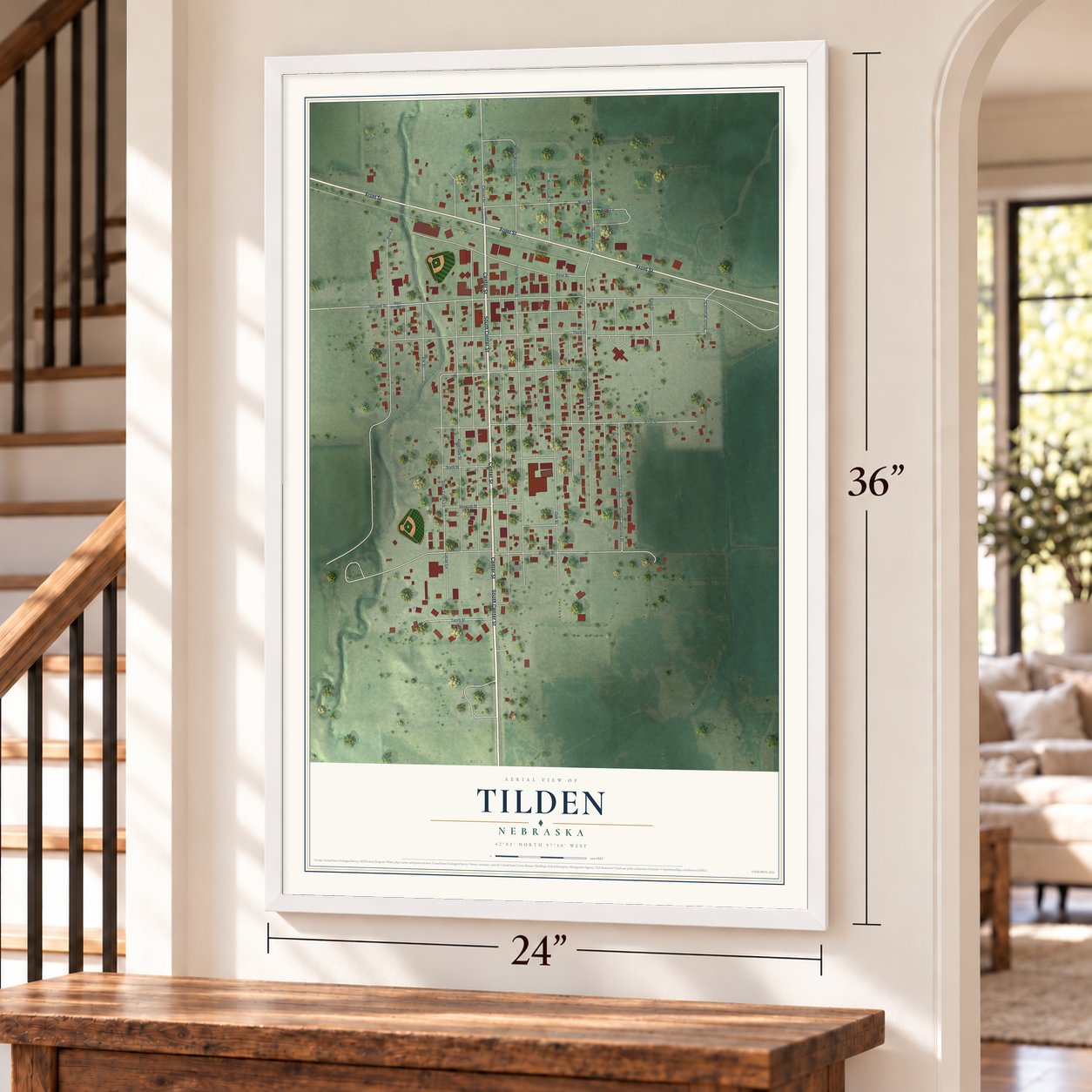 Tilden, Nebraska map, 24 x 36 inch print in a white frame by a staircase
