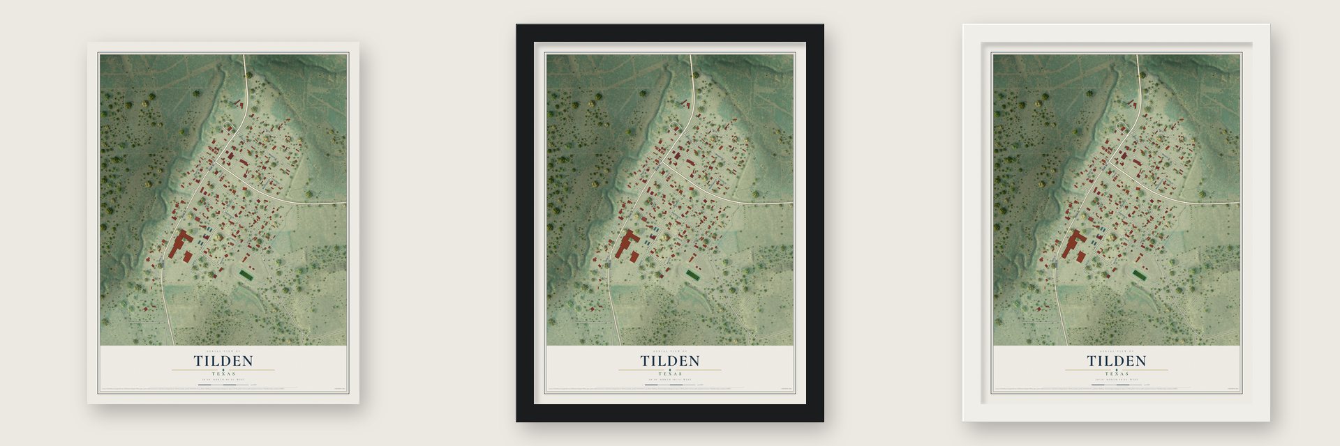 Tilden, Texas map unframed, in a black wood frame and in a white wood frame