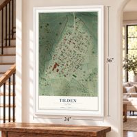 Tilden, Texas map, 24 x 36 inch print in a white frame by a staircase