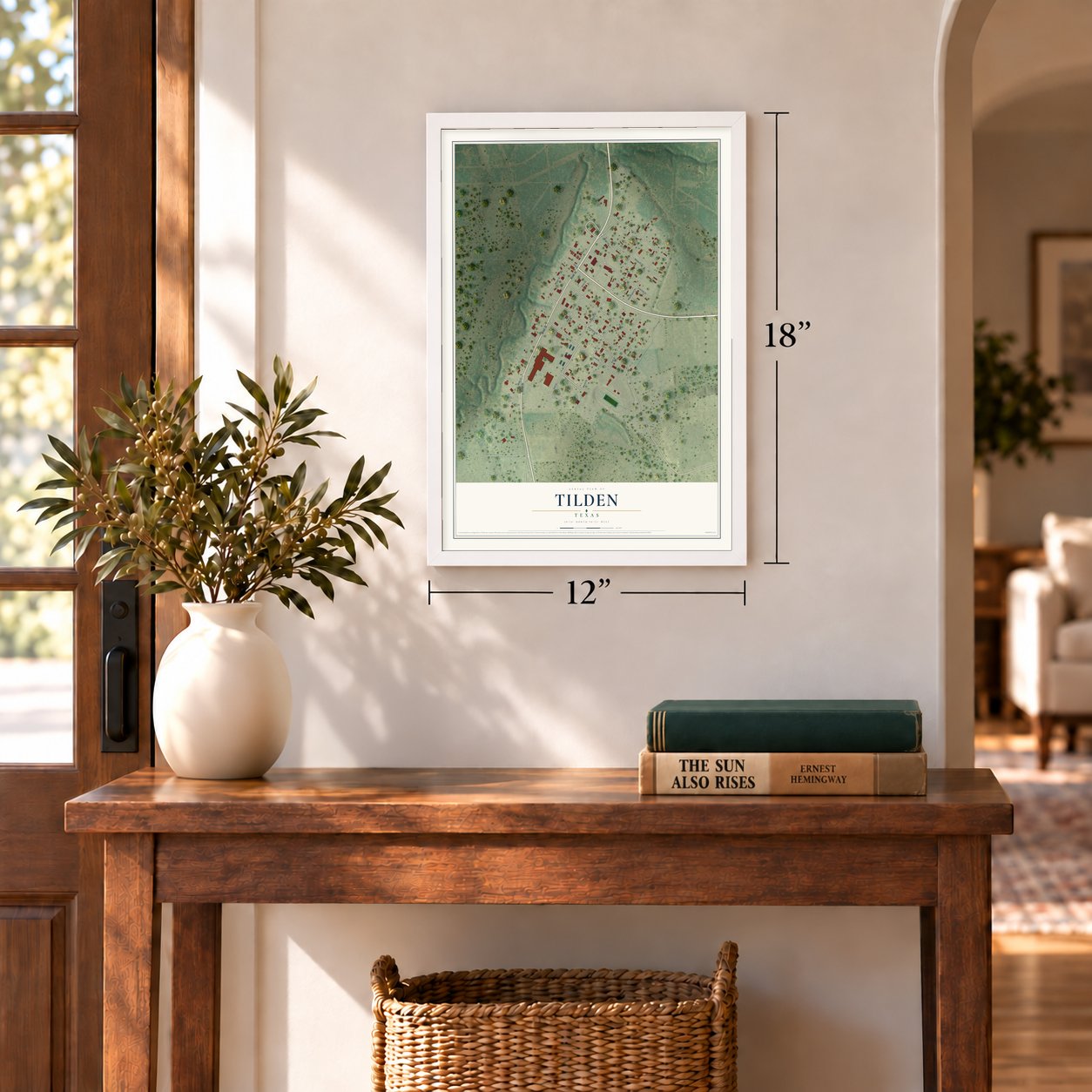 Tilden, Texas map, 12 x 18 inch print in a white frame in an entryway
