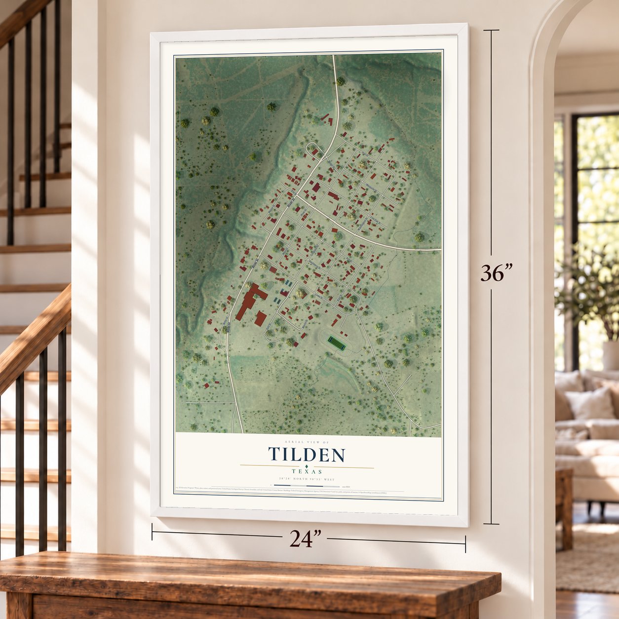Tilden, Texas map, 24 x 36 inch print in a white frame by a staircase