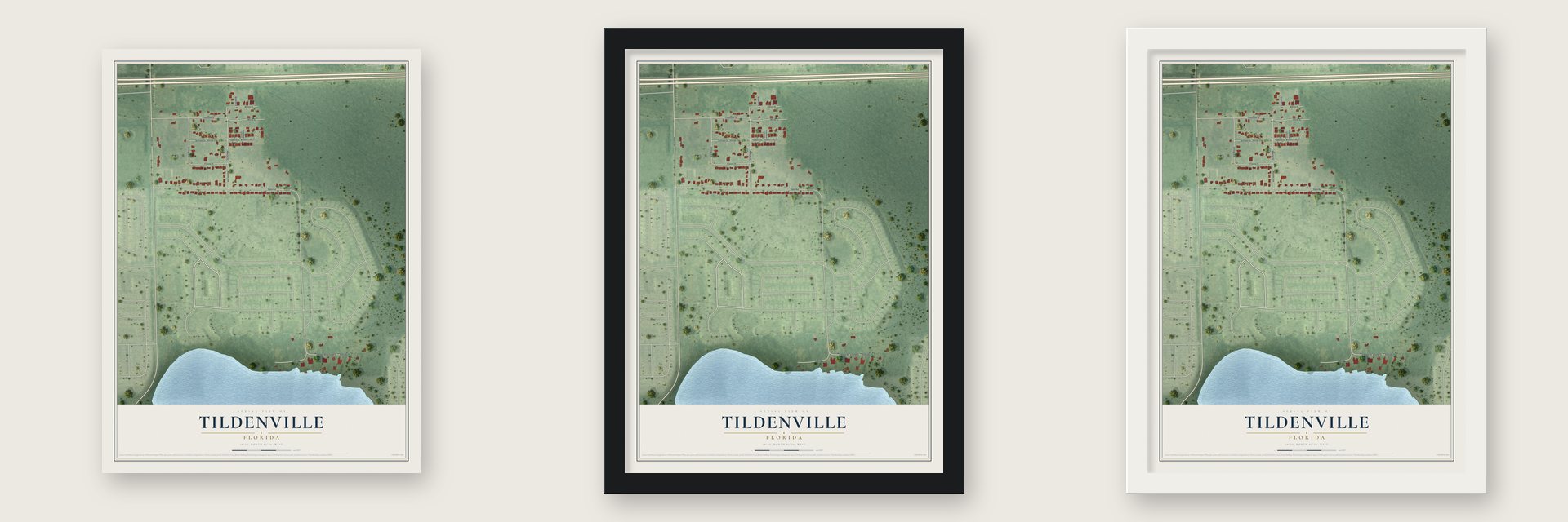 Tildenville, Florida map unframed, in a black wood frame and in a white wood frame