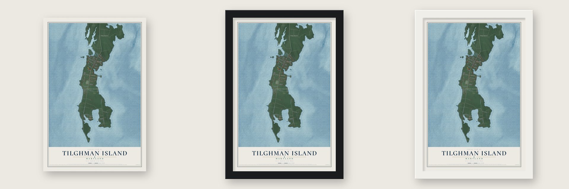 Tilghman Island, Maryland map unframed, in a black wood frame and in a white wood frame