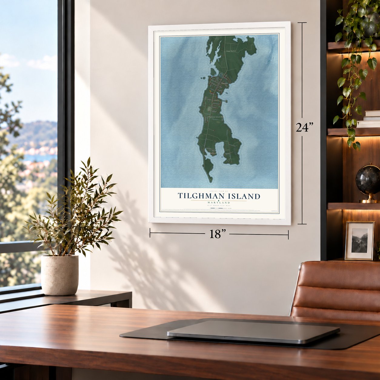 Tilghman Island, Maryland map, 18 x 24 inch print in a white frame in a home office