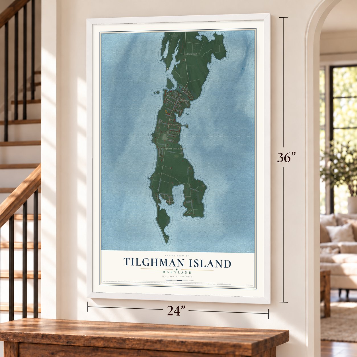 Tilghman Island, Maryland map, 24 x 36 inch print in a white frame by a staircase