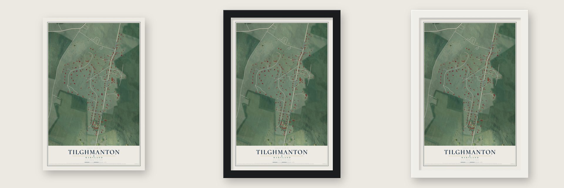 Tilghmanton, Maryland map unframed, in a black wood frame and in a white wood frame