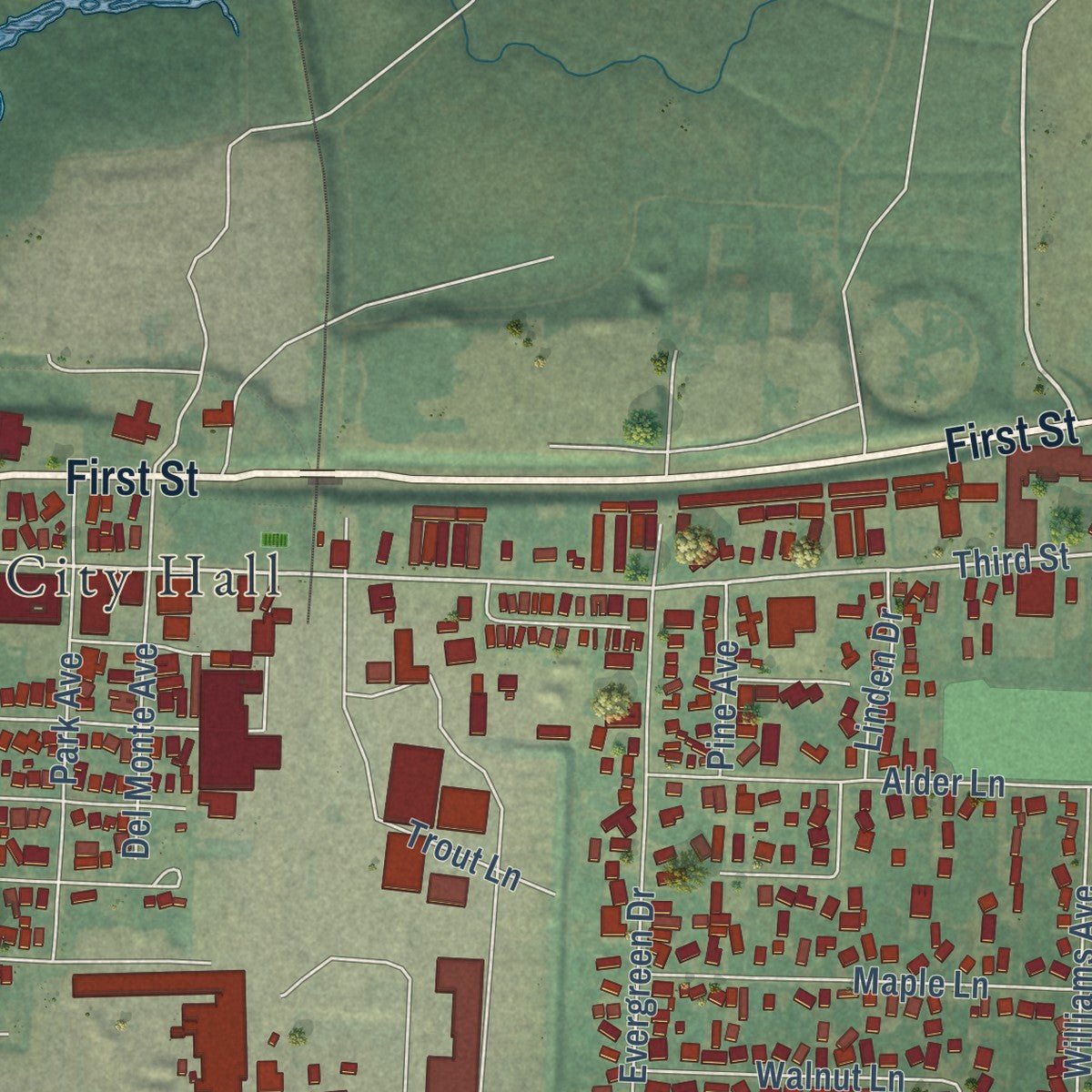 Second close-up of the map of Tillamook, Oregon print showing more streets and buildings