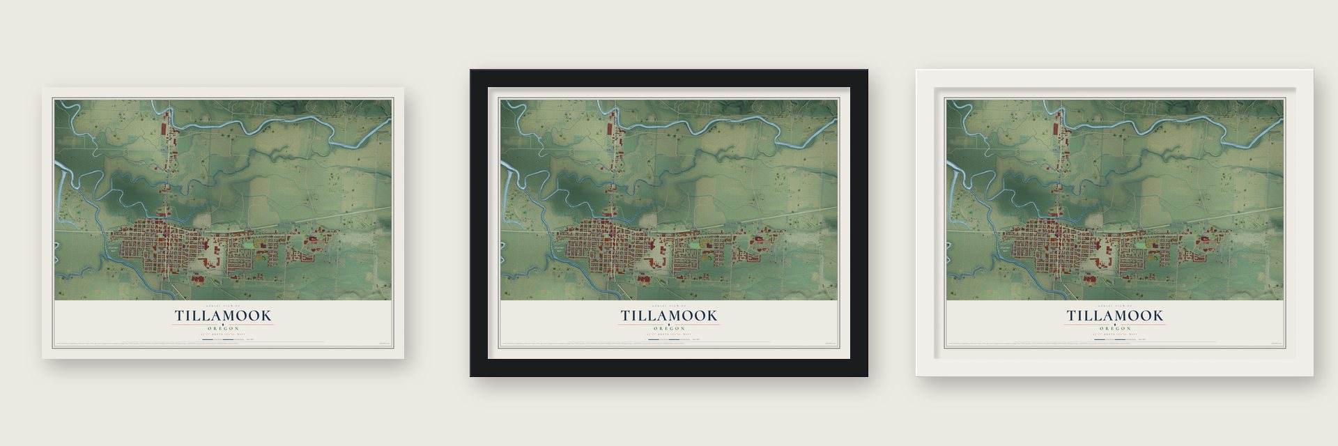 Tillamook, Oregon map unframed, in a black wood frame and in a white wood frame
