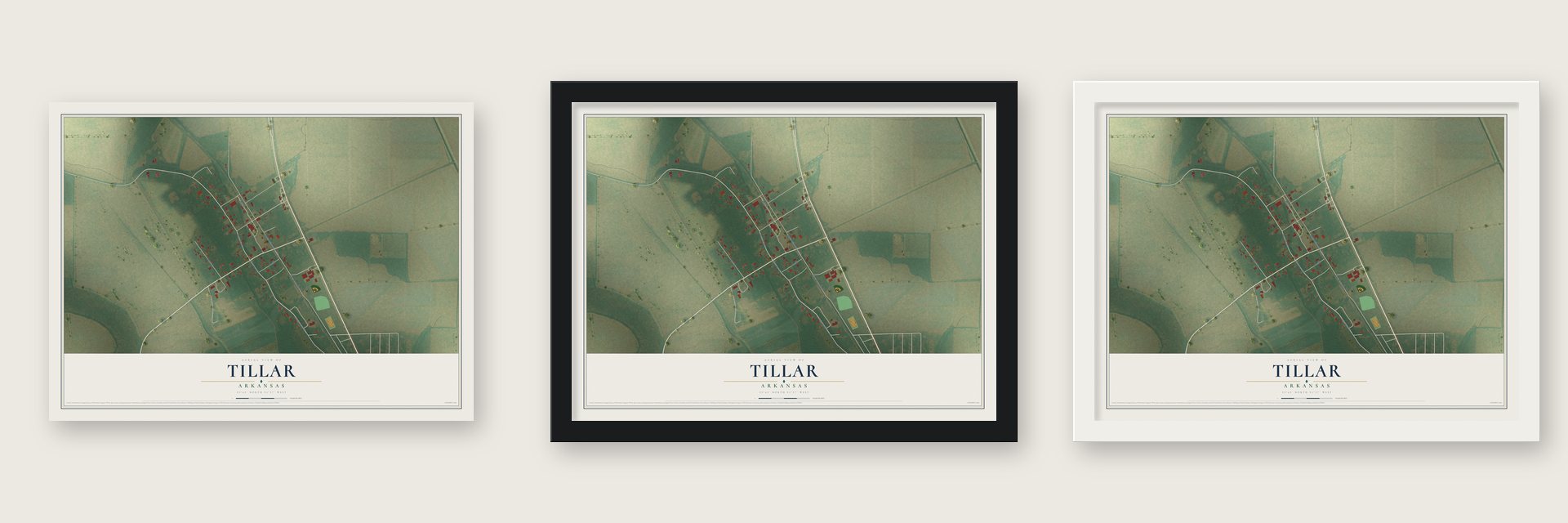 Tillar, Arkansas map unframed, in a black wood frame and in a white wood frame