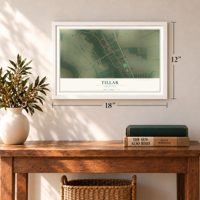 Tillar, Arkansas map, 12 x 18 inch print in a white frame in an entryway