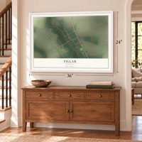 Tillar, Arkansas map, 24 x 36 inch print in a white frame above a dresser by a staircase
