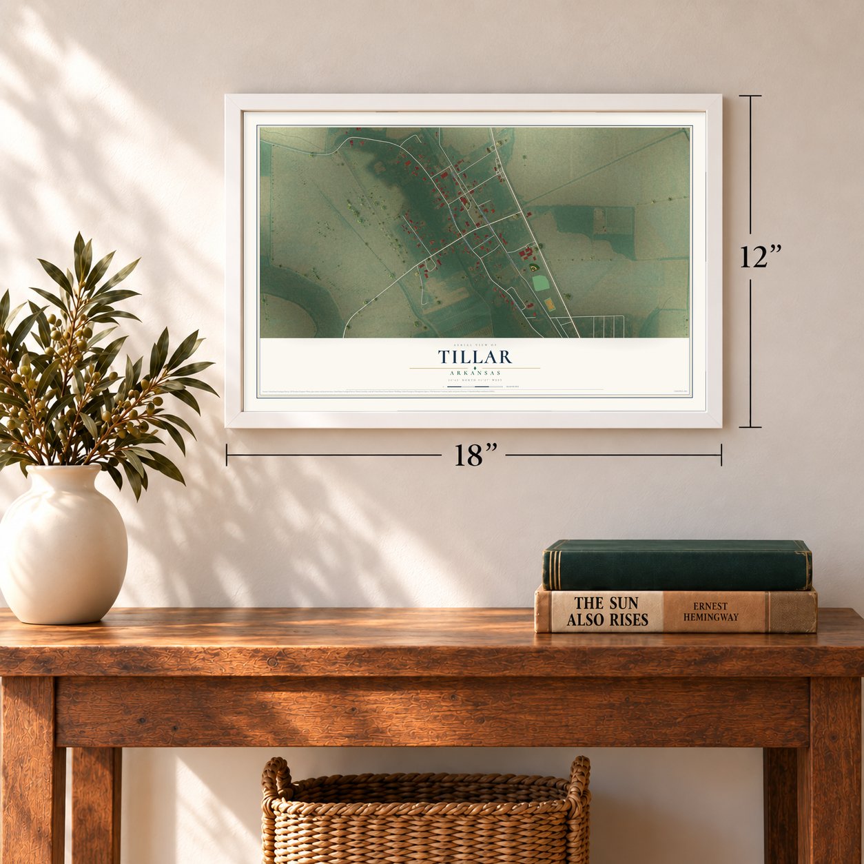 Tillar, Arkansas map, 12 x 18 inch print in a white frame in an entryway