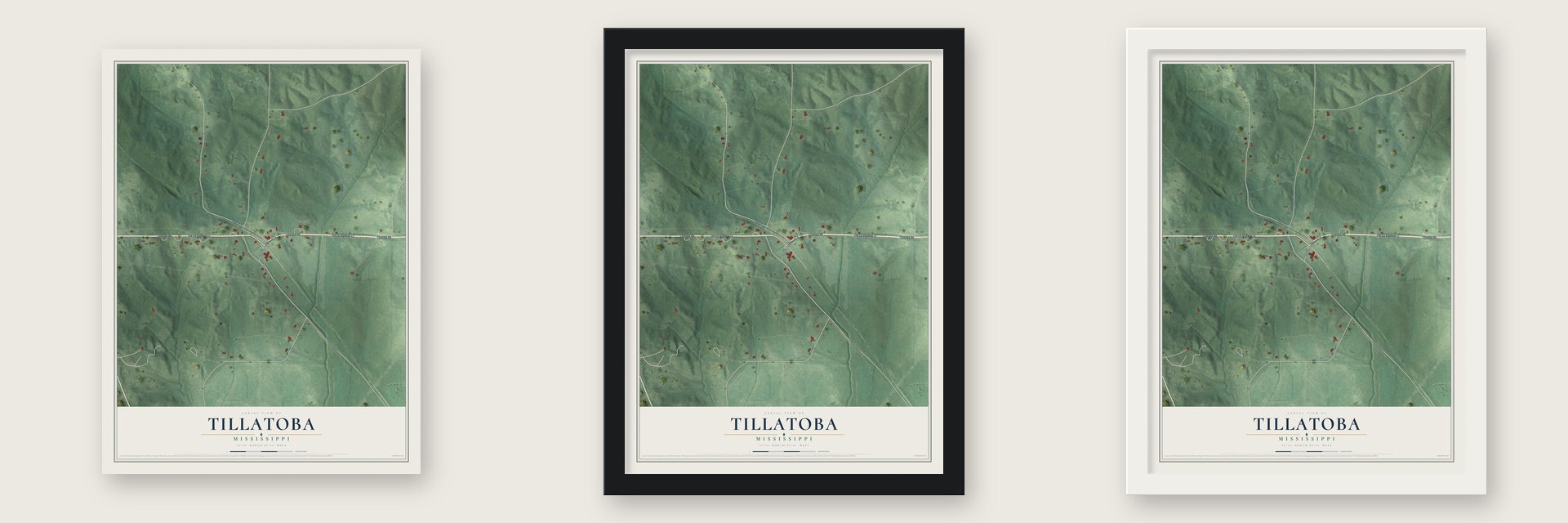 Tillatoba, Mississippi map unframed, in a black wood frame and in a white wood frame