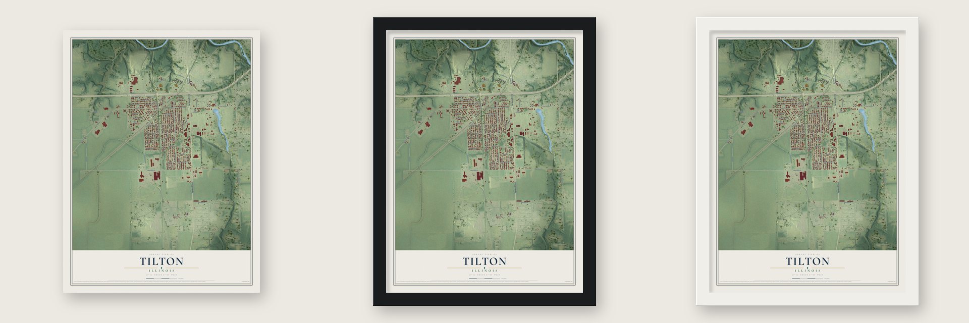 Tilton, Illinois map unframed, in a black wood frame and in a white wood frame
