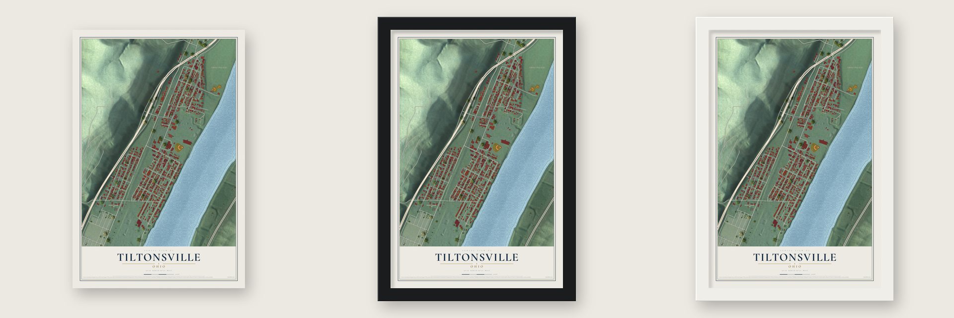 Tiltonsville, Ohio map unframed, in a black wood frame and in a white wood frame