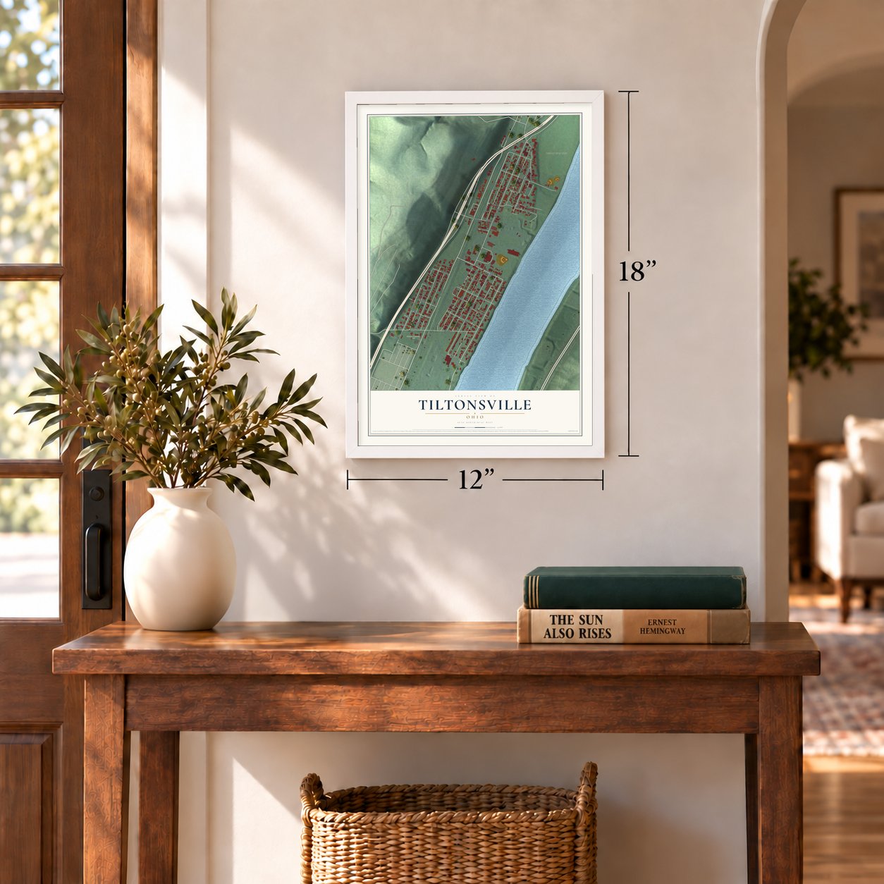 Tiltonsville, Ohio map, 12 x 18 inch print in a white frame in an entryway