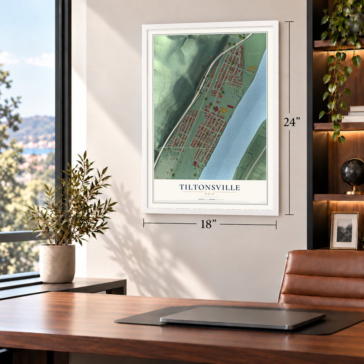 Tiltonsville, Ohio map, 18 x 24 inch print in a white frame in a home office
