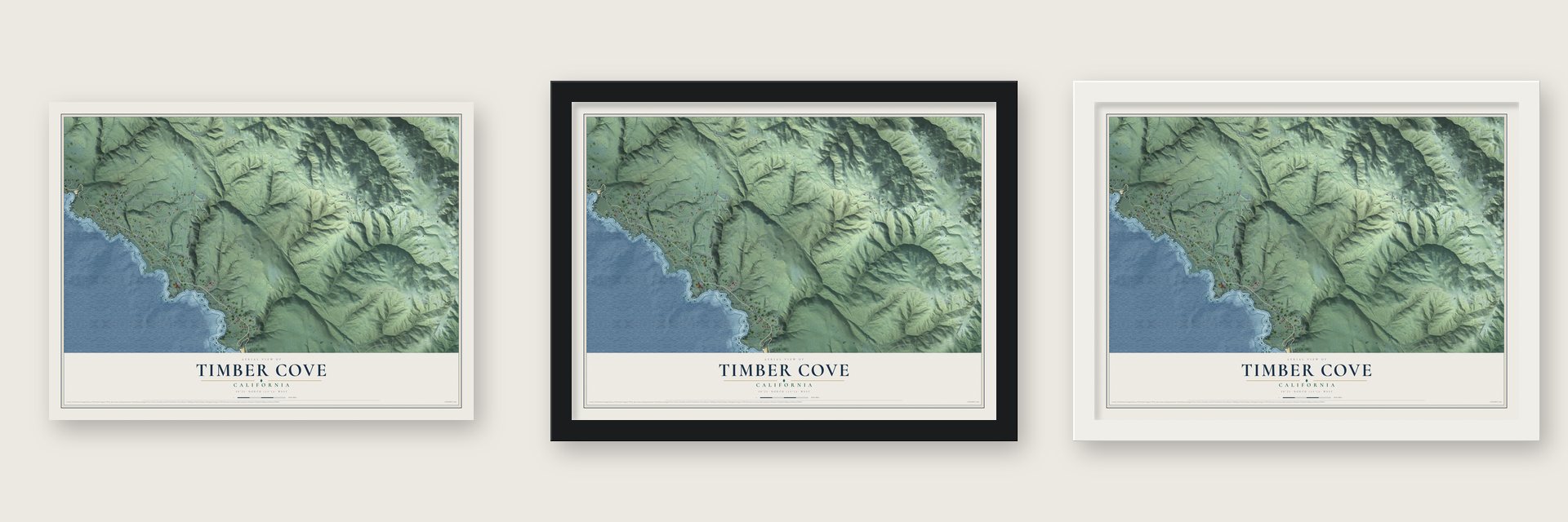 Timber Cove, California map unframed, in a black wood frame and in a white wood frame