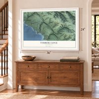 Timber Cove, California map, 24 x 36 inch print in a white frame above a dresser by a staircase