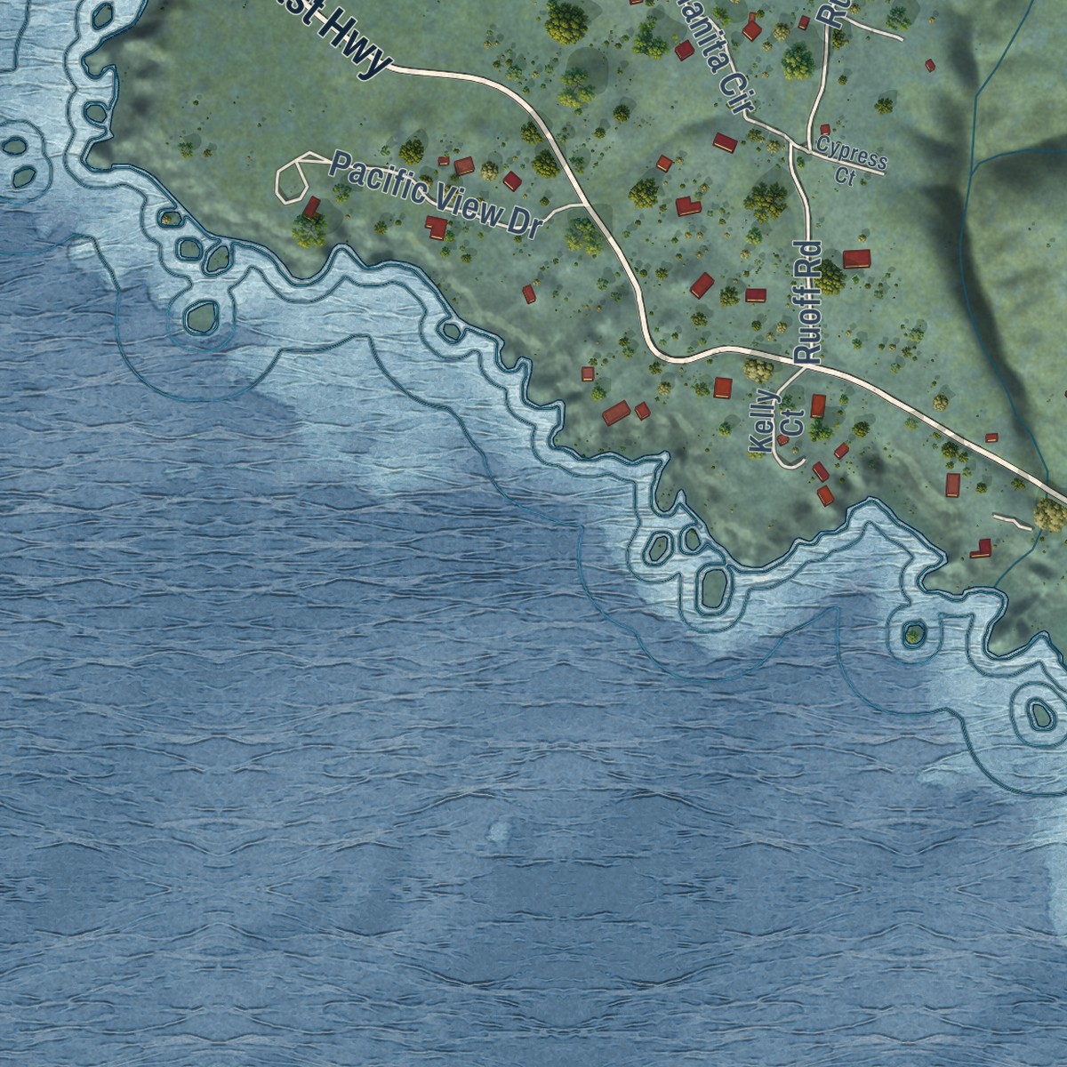 Second close-up of the map of Timber Cove, California print showing more streets and buildings