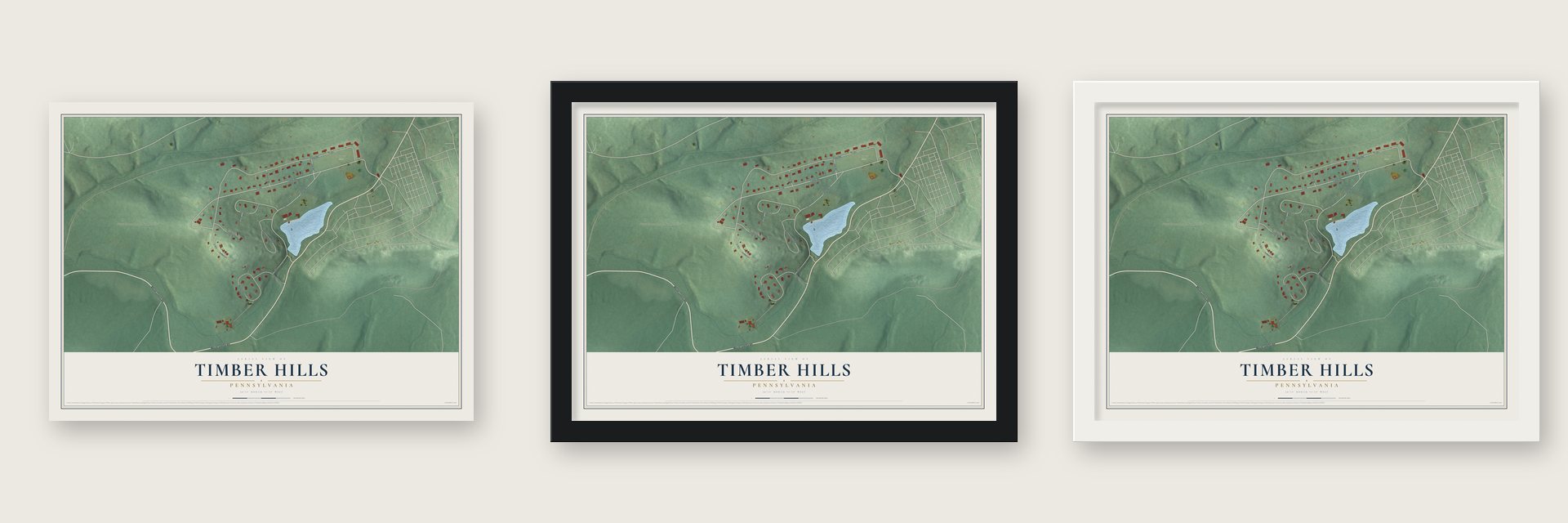 Timber Hills, Pennsylvania map unframed, in a black wood frame and in a white wood frame