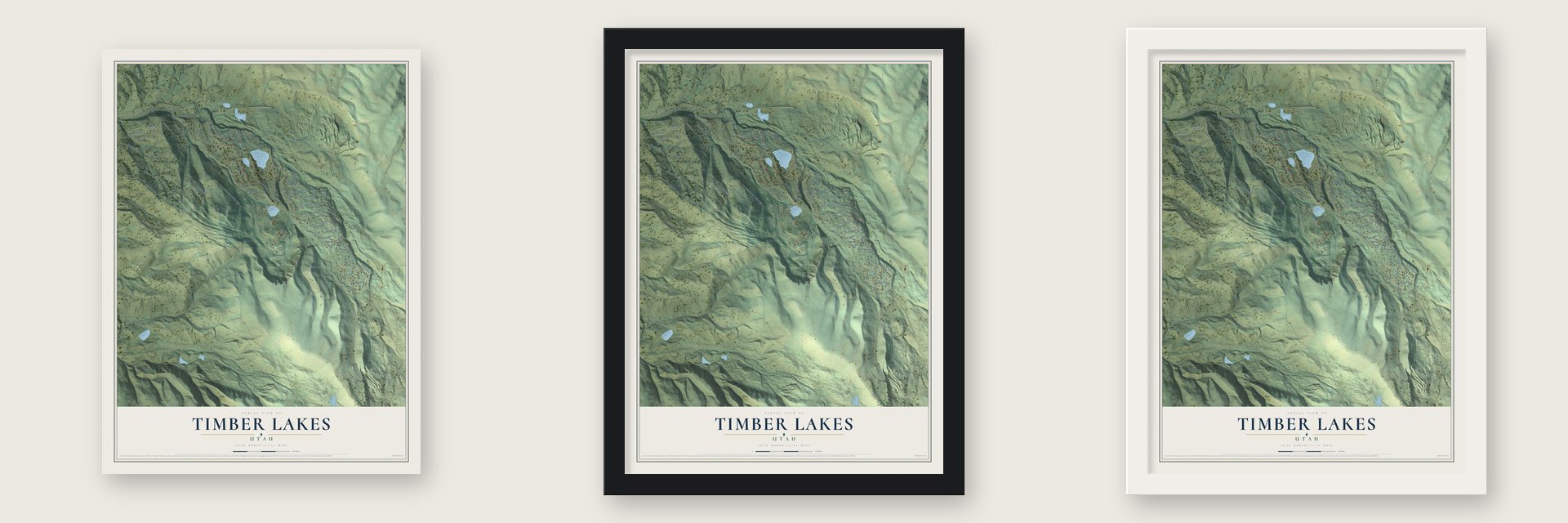 Timber Lakes, Utah map unframed, in a black wood frame and in a white wood frame