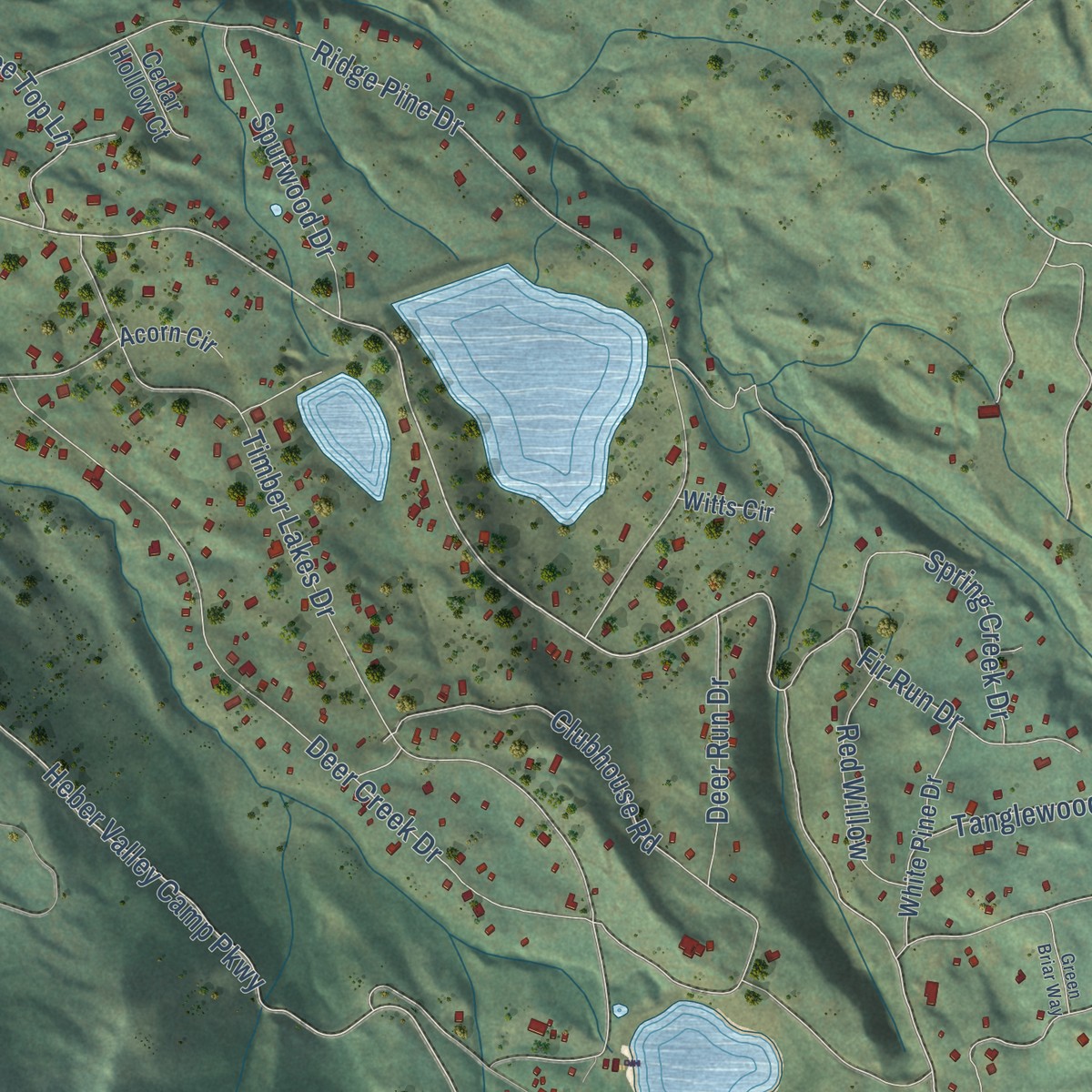 Second close-up of the map of Timber Lakes, Utah print showing more streets and buildings