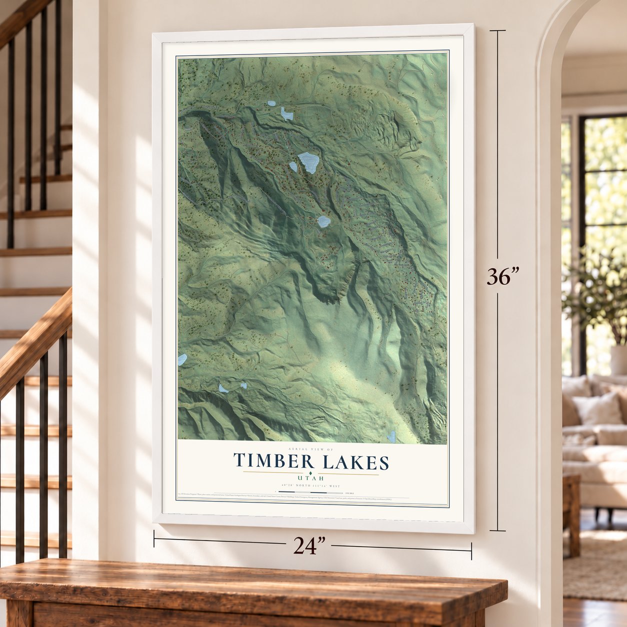 Timber Lakes, Utah map, 24 x 36 inch print in a white frame by a staircase