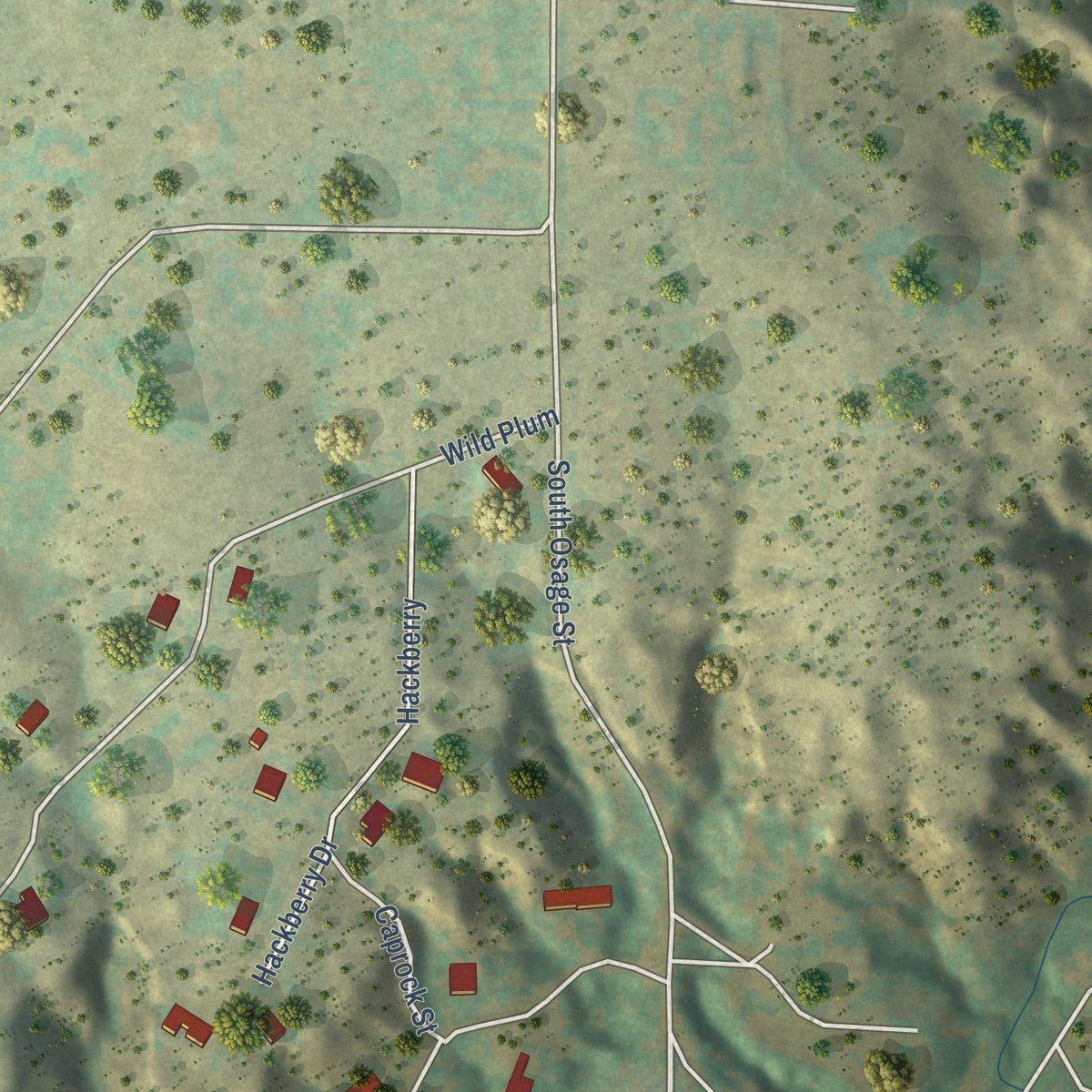 Second close-up of the map of Timbercreek Canyon, Texas print showing more streets and buildings