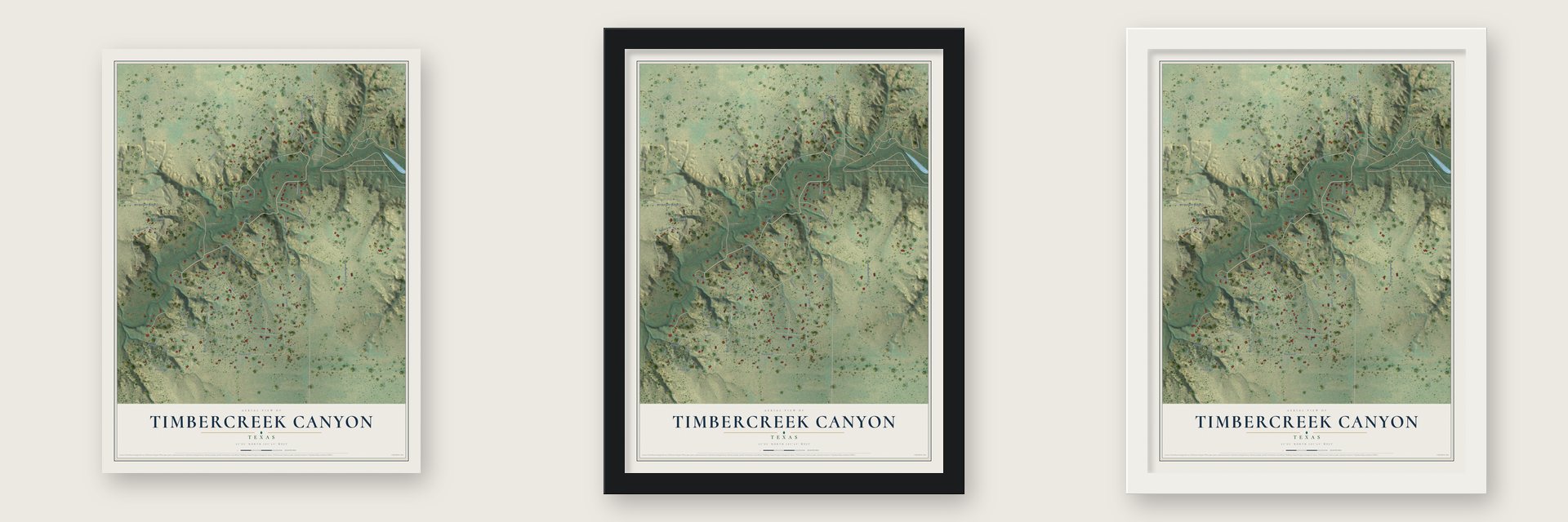 Timbercreek Canyon, Texas map unframed, in a black wood frame and in a white wood frame
