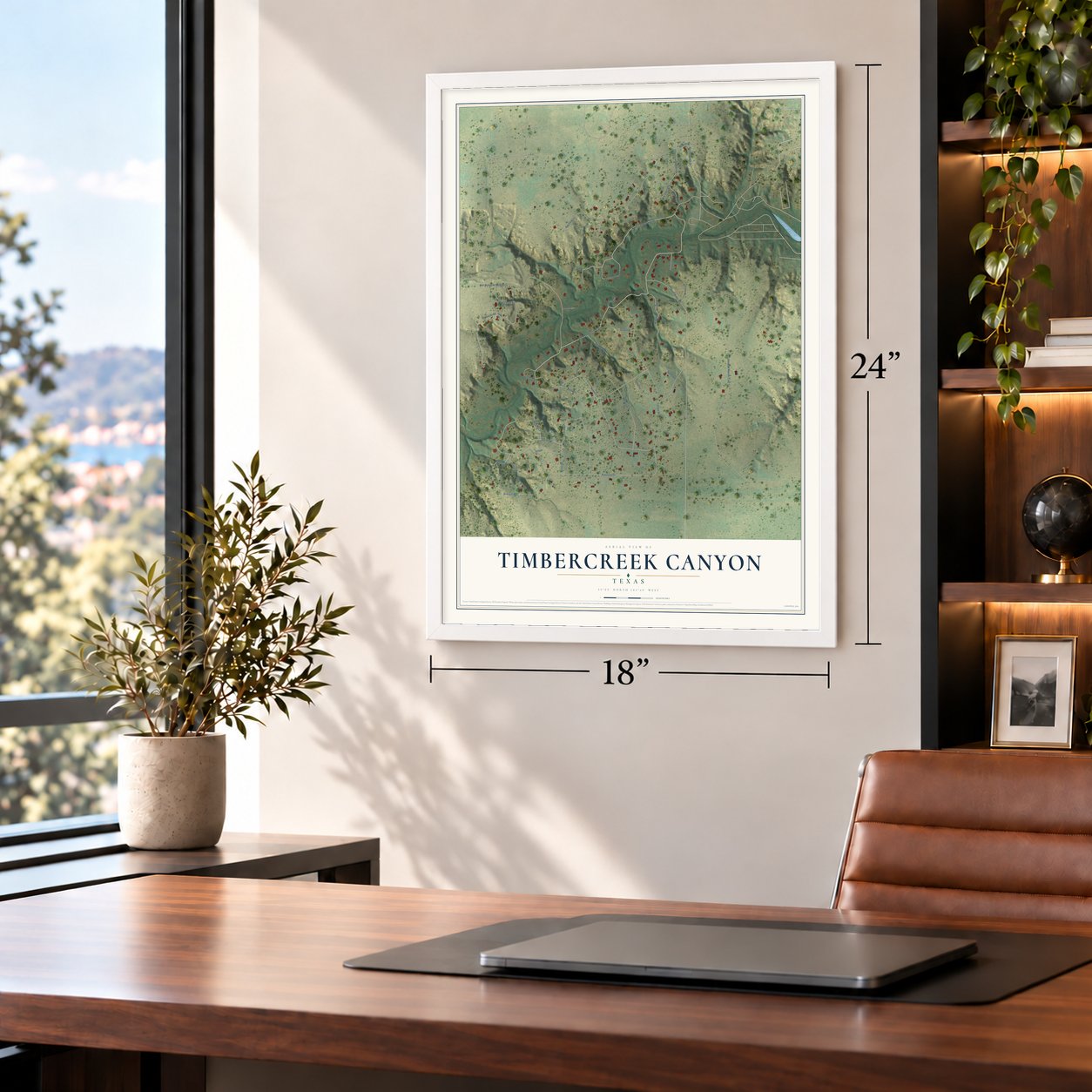 Timbercreek Canyon, Texas map, 18 x 24 inch print in a white frame in a home office
