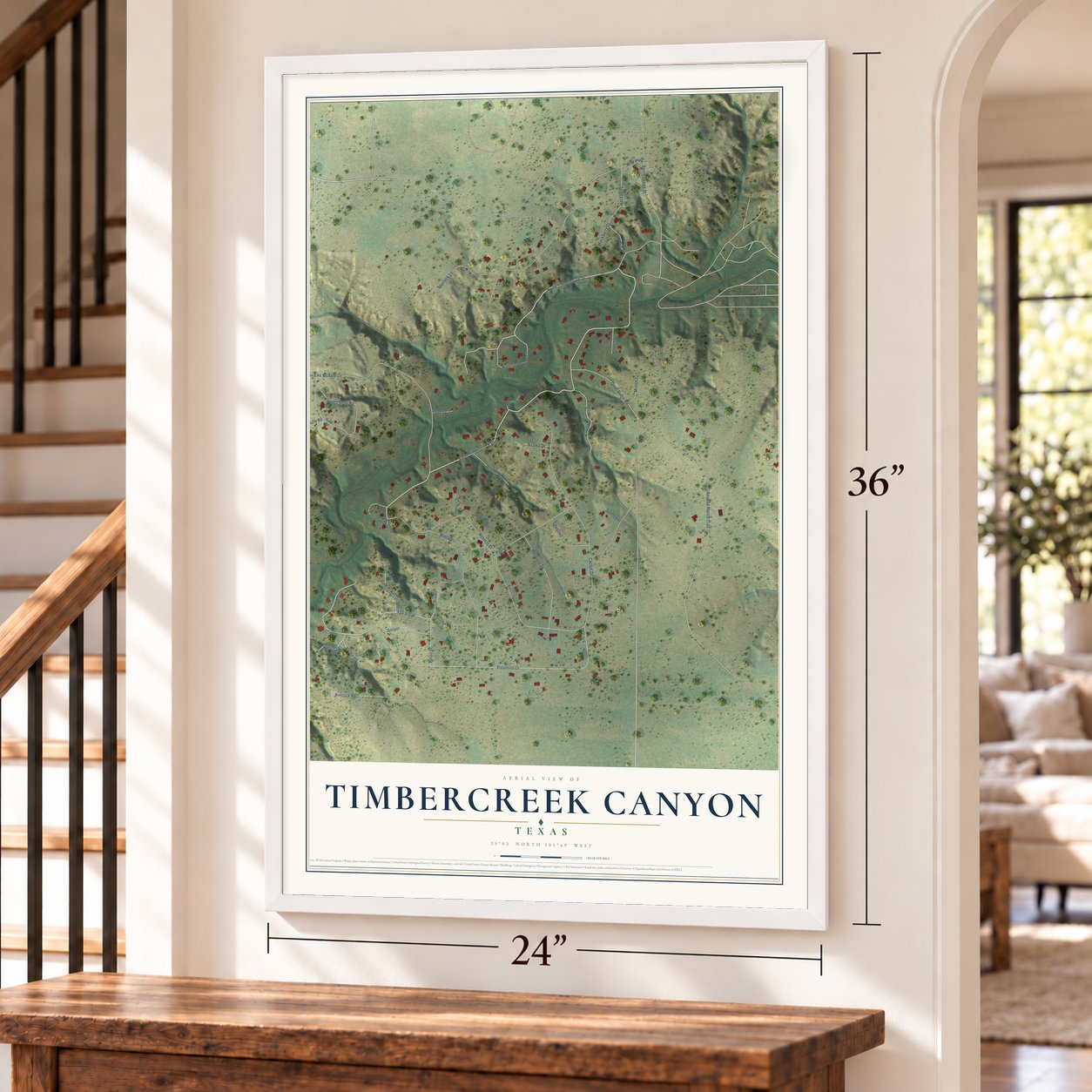 Timbercreek Canyon, Texas map, 24 x 36 inch print in a white frame by a staircase