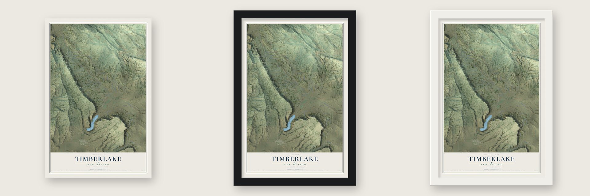 Timberlake, New Mexico map unframed, in a black wood frame and in a white wood frame