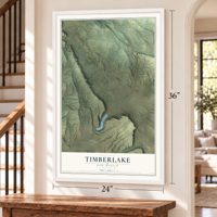 Timberlake, New Mexico map, 24 x 36 inch print in a white frame by a staircase