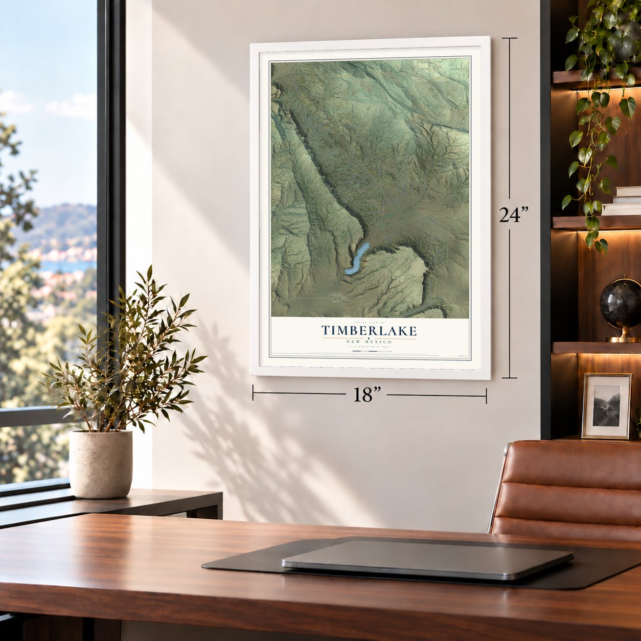 Timberlake, New Mexico map, 18 x 24 inch print in a white frame in a home office