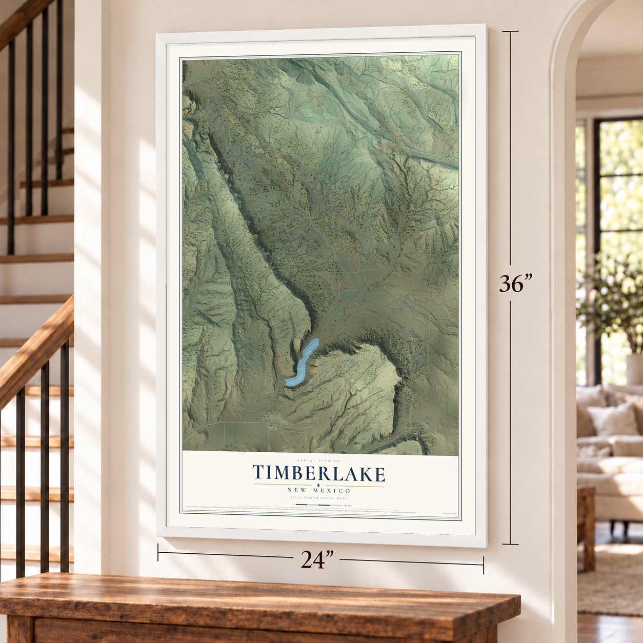 Timberlake, New Mexico map, 24 x 36 inch print in a white frame by a staircase
