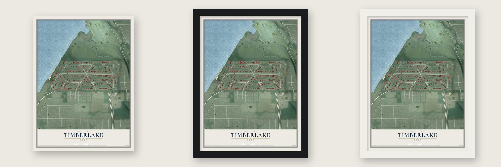 Timberlake, Ohio map unframed, in a black wood frame and in a white wood frame