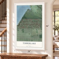 Timberlake, Ohio map, 24 x 36 inch print in a white frame by a staircase