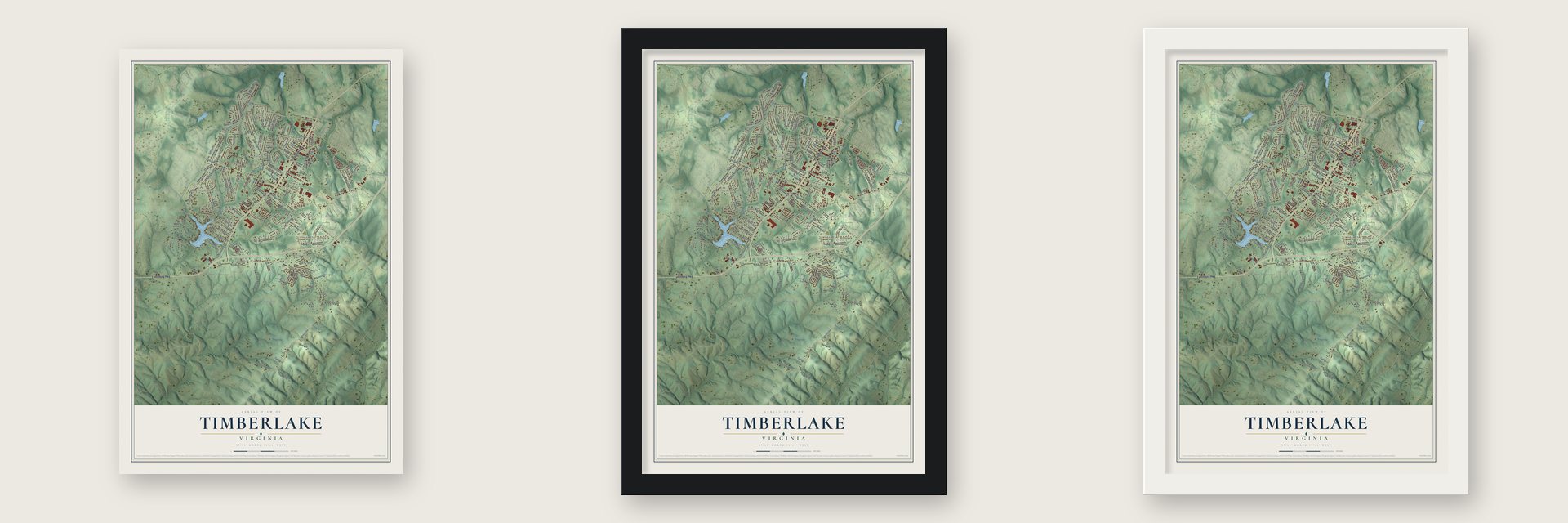 Timberlake, Virginia map unframed, in a black wood frame and in a white wood frame