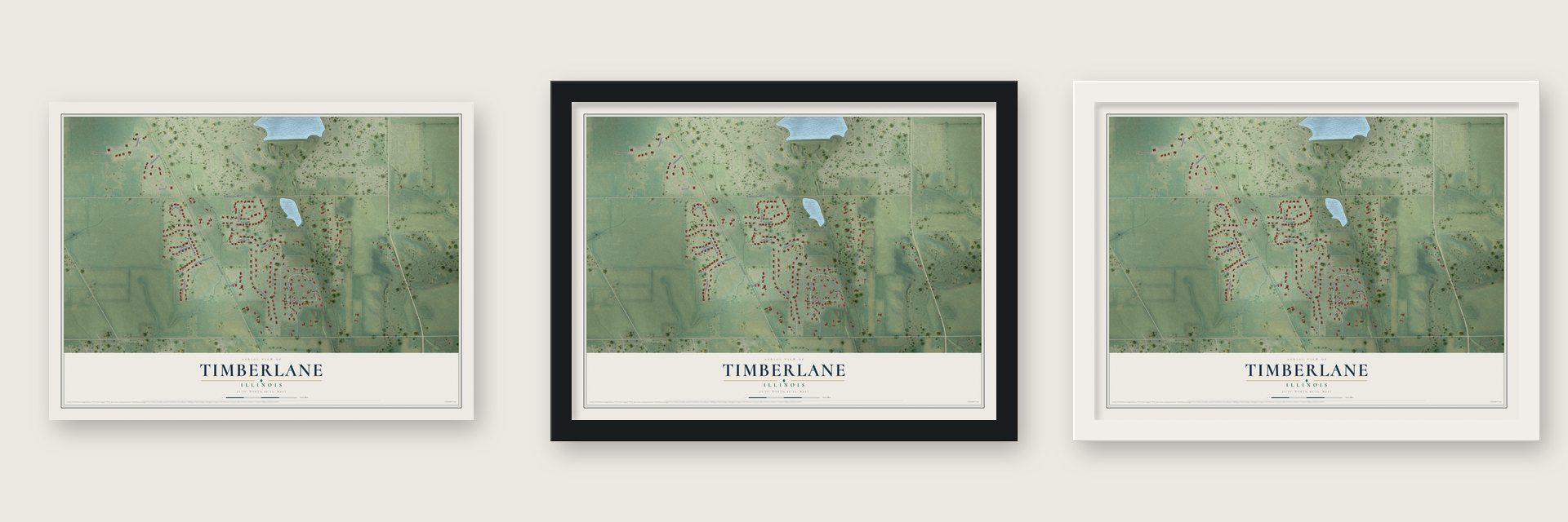 Timberlane, Illinois map unframed, in a black wood frame and in a white wood frame