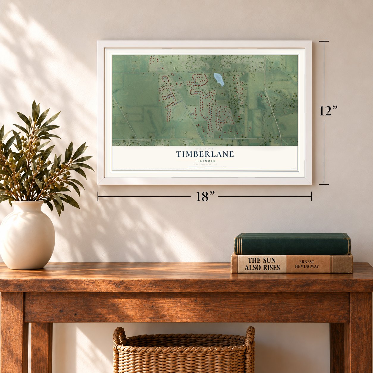 Timberlane, Illinois map, 12 x 18 inch print in a white frame in an entryway