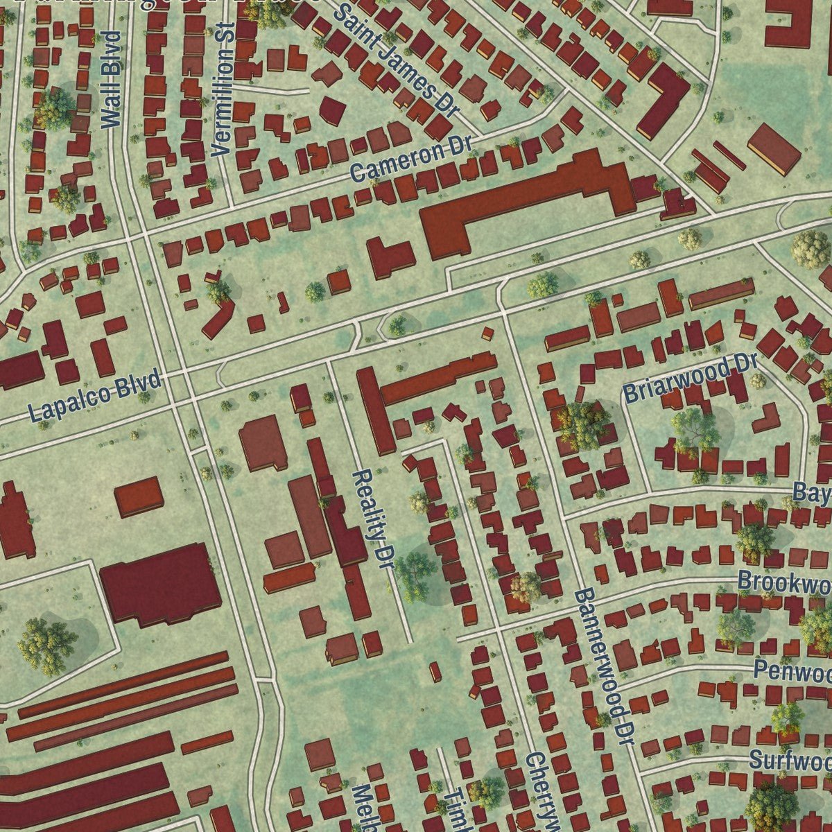 Second close-up of the map of Timberlane, Louisiana print showing more streets and buildings