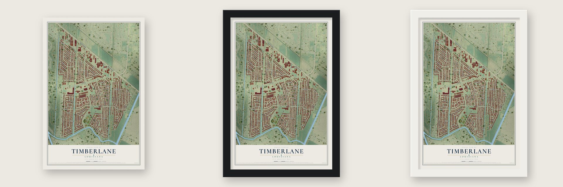 Timberlane, Louisiana map unframed, in a black wood frame and in a white wood frame