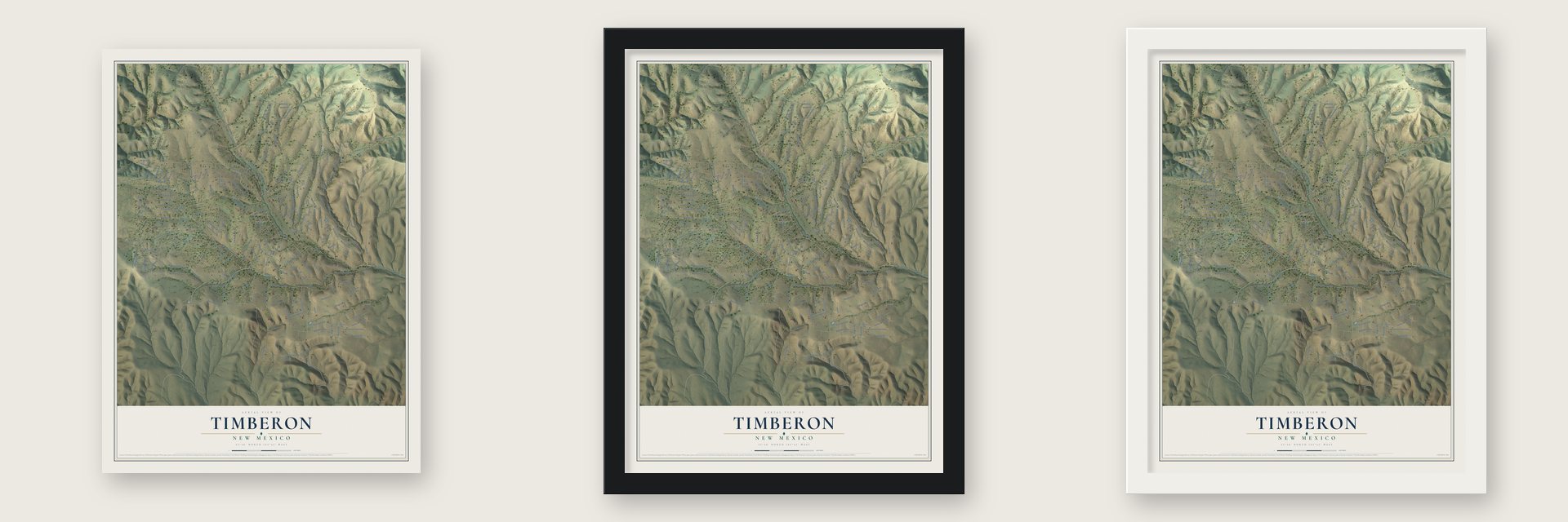Timberon, New Mexico map unframed, in a black wood frame and in a white wood frame